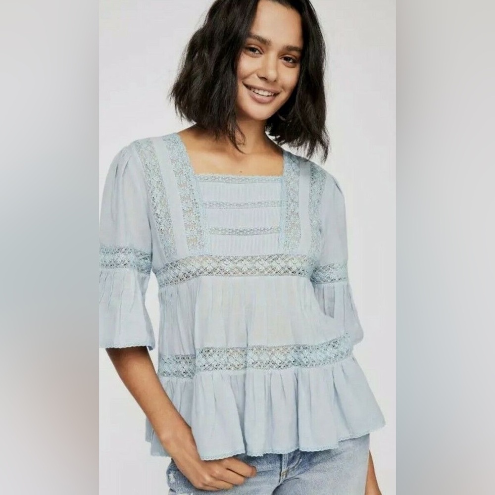 Free People Light Blue Viscose Cotton Blend Babydoll Tunic Top, Size XS